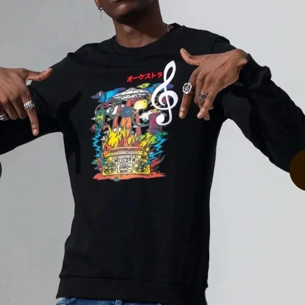 Fifth Loop Mens Large Flying Saucer Music Fire Lips Graphic Sweatshirt Black